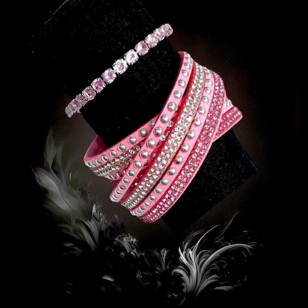 LOT of Pink l Rhinestone Adorned Bracelet l Double-leather pink wrap/wristband..